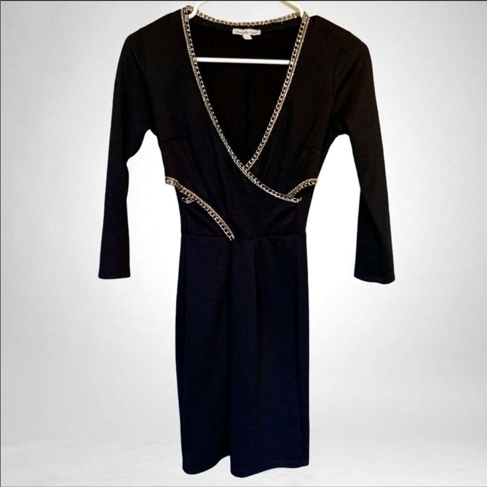 𝅺CHARLOTTE RUSSE Bodycon Black Gold Chain Side Cut Out Dress Size Small